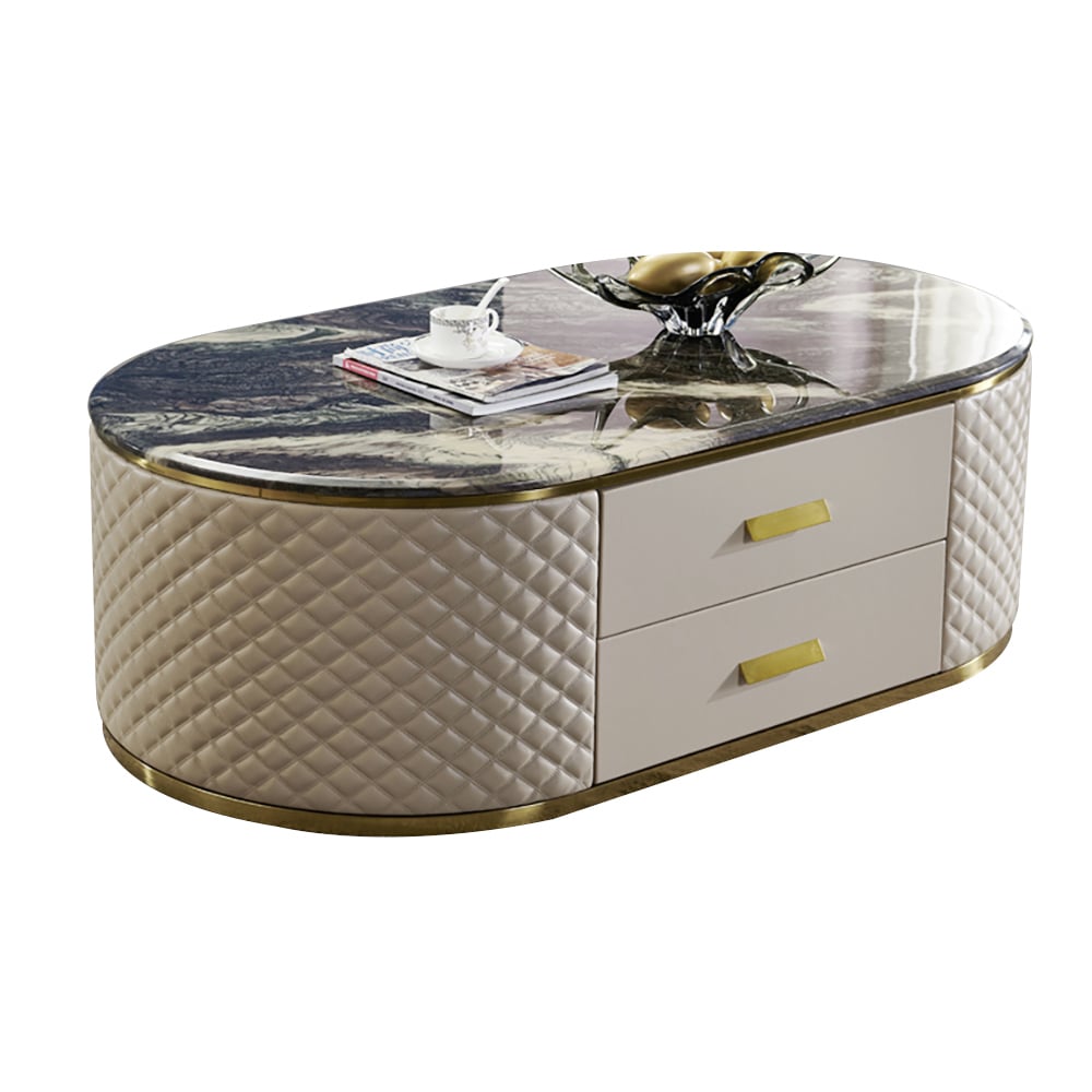 Table basse ovale moderne en cuir de marbre noir 1300 mm avec tiroirs de rangement image de fenêtre