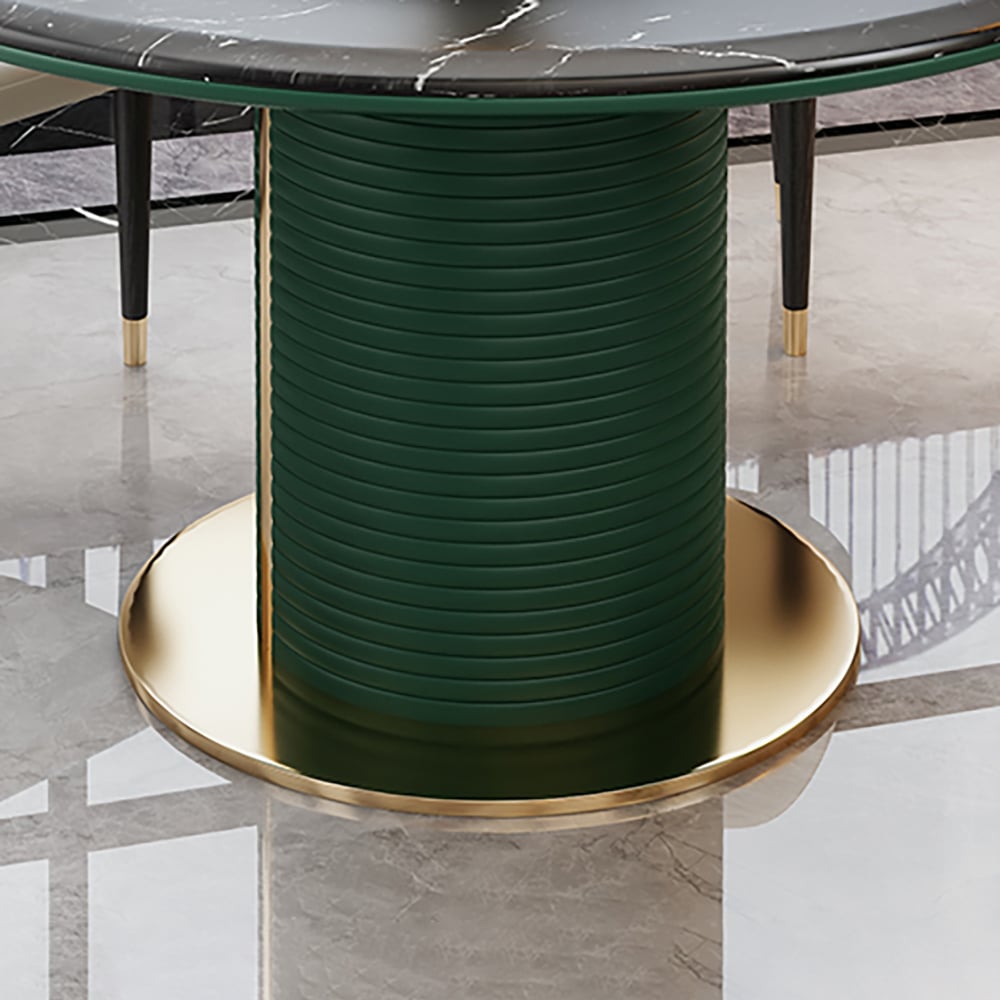 51.2" Round Modern Marble Dining Table with Stainless Steel & Leather Pedestal window image