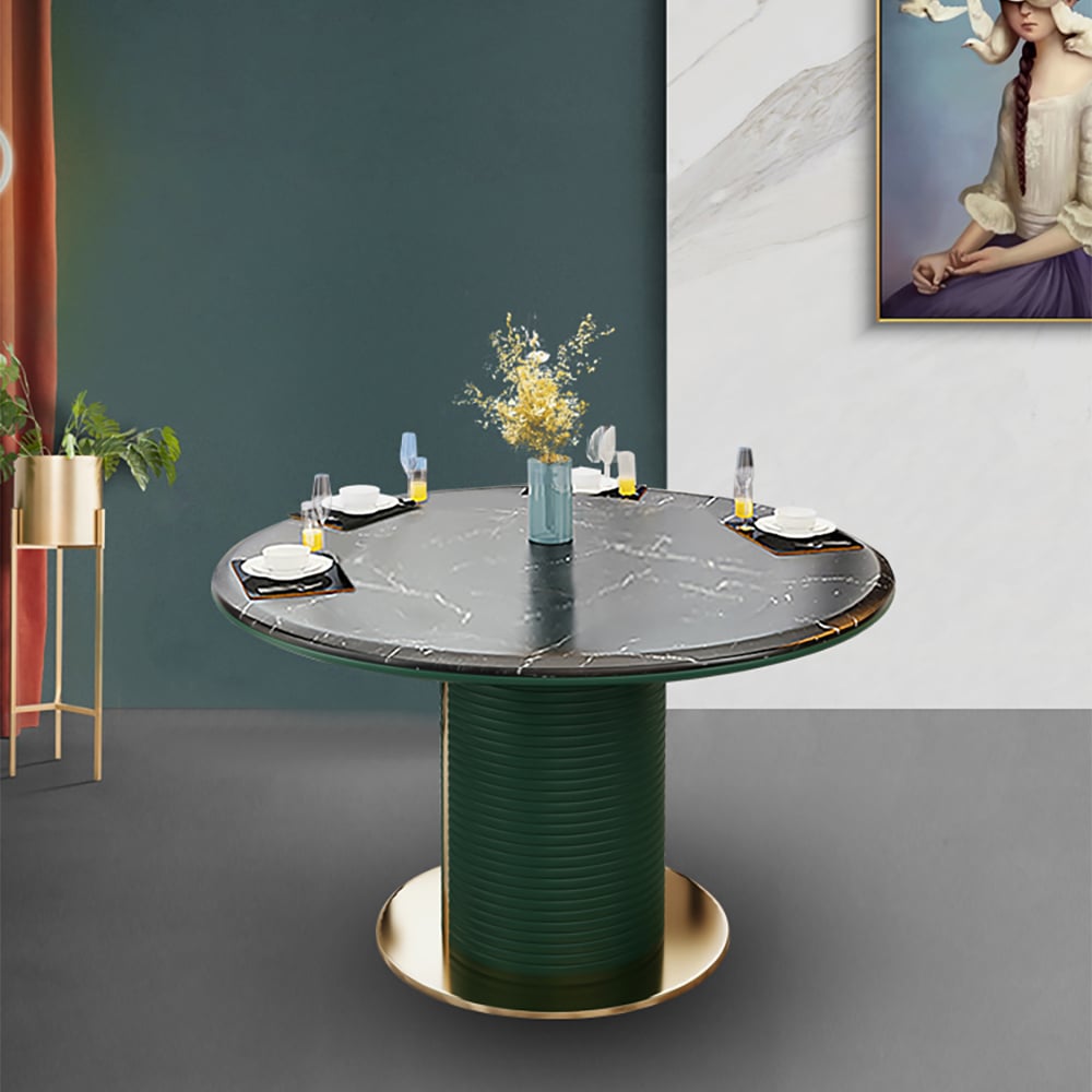 51.2" Round Modern Marble Dining Table with Stainless Steel & Leather Pedestal window image