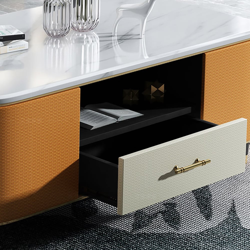 Table basse moderne en marbre blanc 1300 mm avec tiroirs de rangement Revêtement en cuir orange image de fenêtre