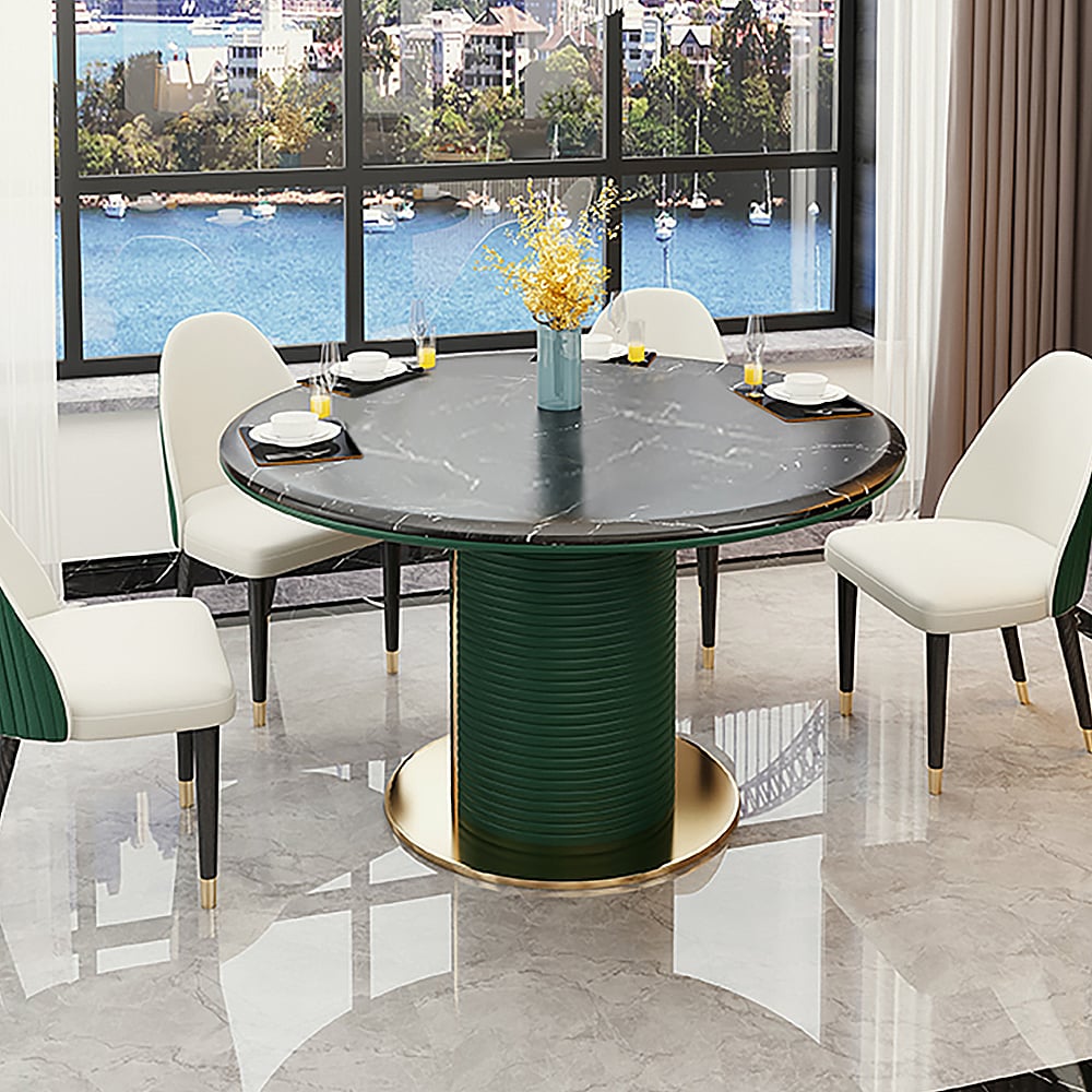 51.2" Round Modern Marble Dining Table with Stainless Steel & Leather Pedestal window image