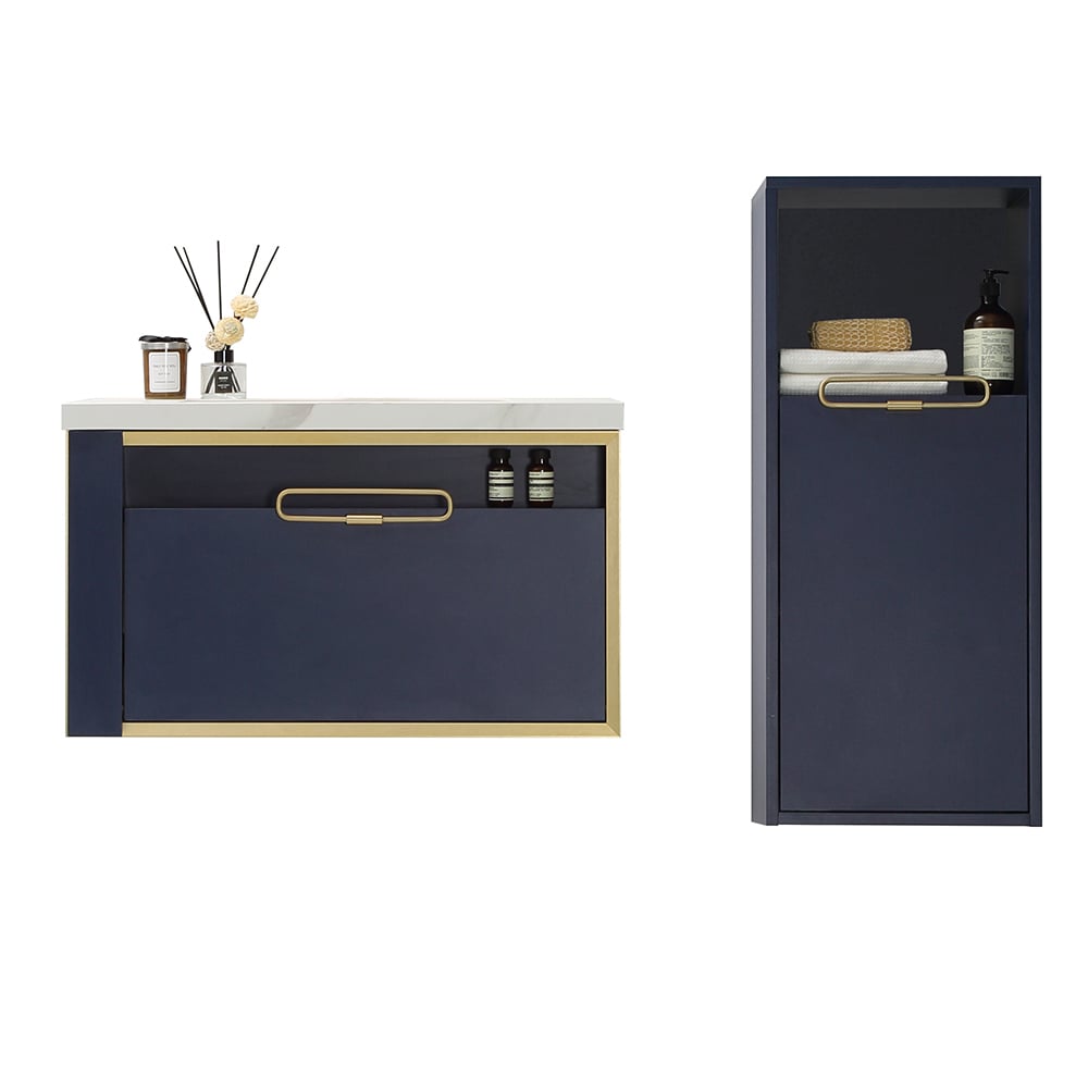 Modern Floating Bathroom Vanity Set in Navy Blue, Side Cabinet Included window image