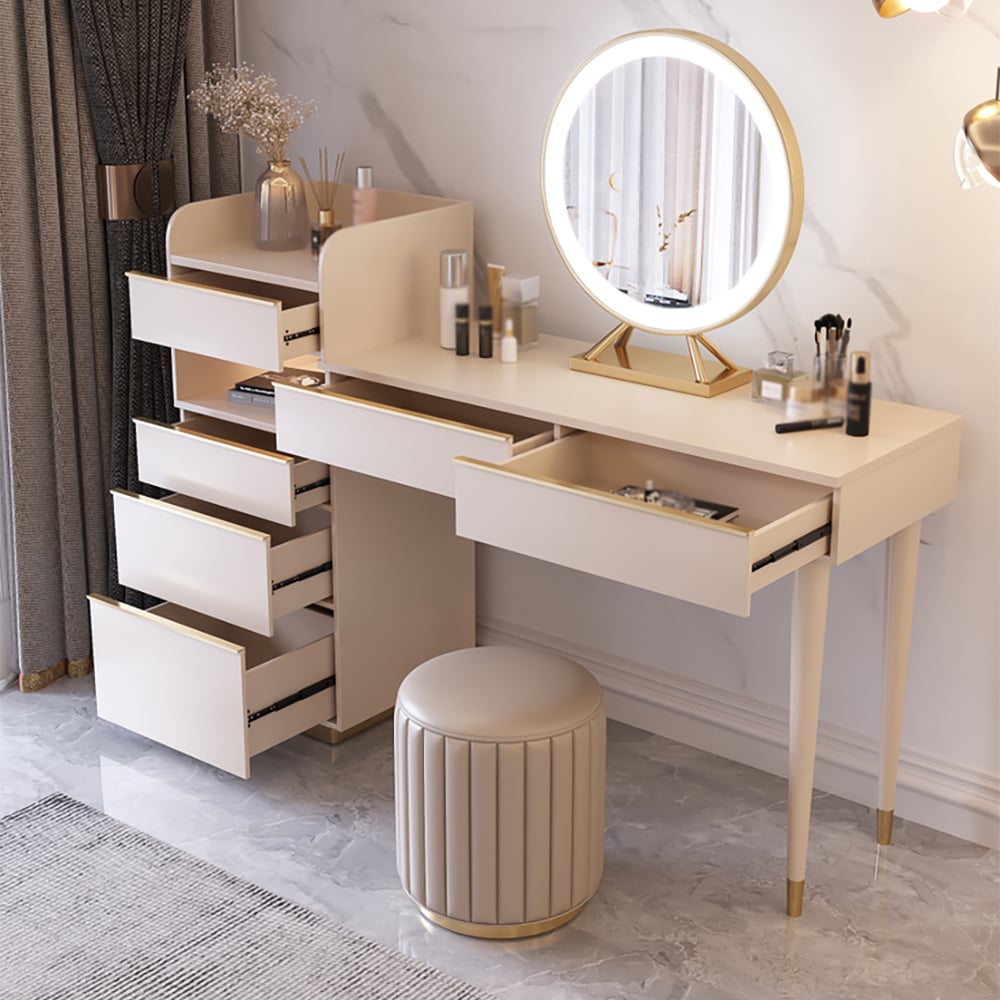 Off-white Makeup Vanity Set Dressing Table with Lighted Mirror Cabinet & Stool Included window image