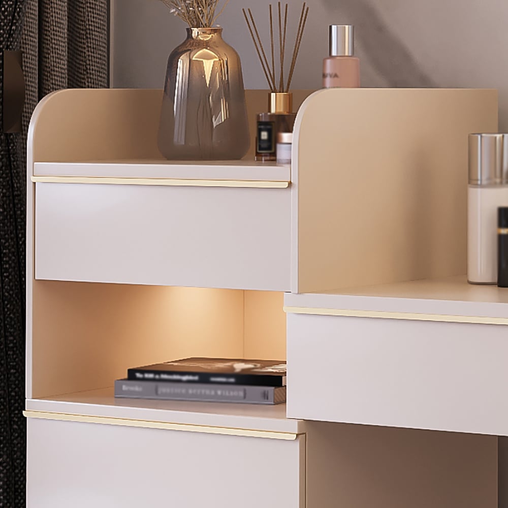 Off-white Makeup Vanity Set Dressing Table with Lighted Mirror Cabinet & Stool Included window image