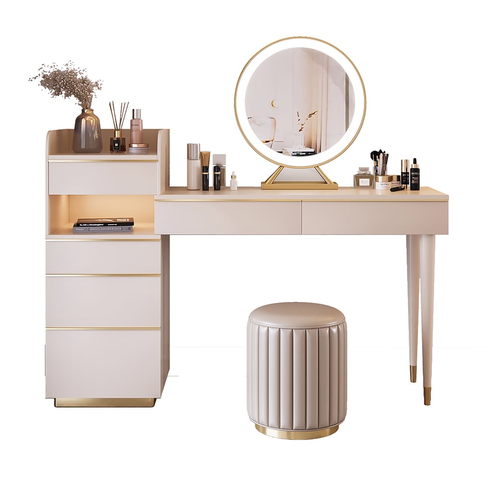 Off-white Makeup Vanity Set Dressing Table with Lighted Mirror Cabinet & Stool Included window image