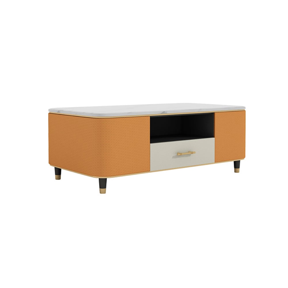 Table basse moderne en marbre blanc 1300 mm avec tiroirs de rangement Revêtement en cuir orange image de fenêtre