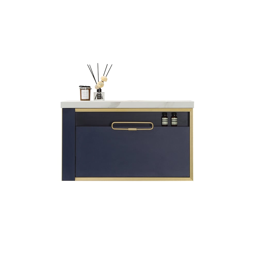 Vanité de salle de bain flottante moderne avec meuble de salle de bain encastré en bleu marine image de fenêtre