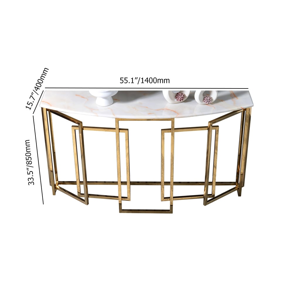 55.1" Modern White Console Table Marble Top & Stainless Steel Base Entryway Table window image