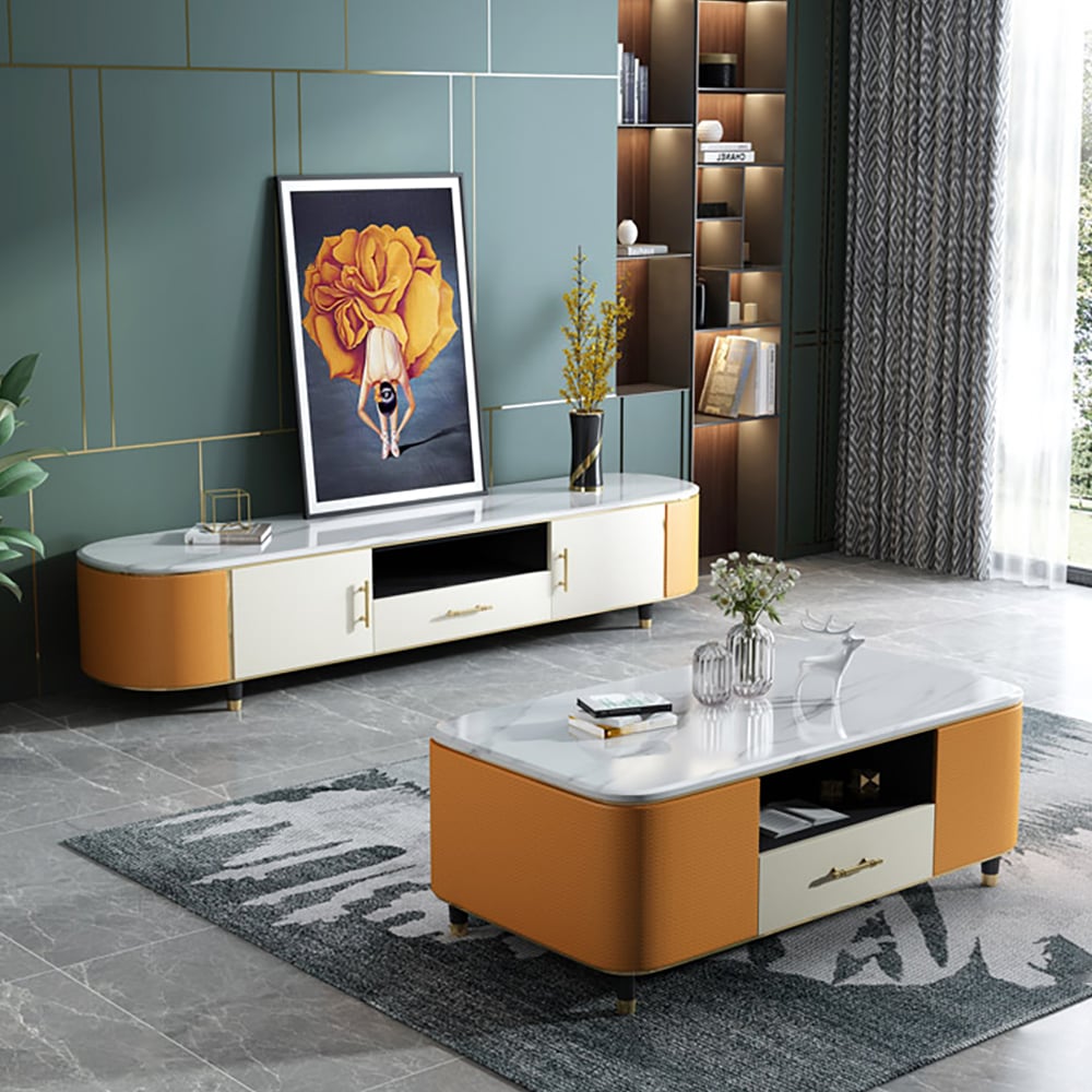 Moderní bílý mramorový konferenční stolek a televizní stojan Sada 2 paměťových konzolí obrázek okna