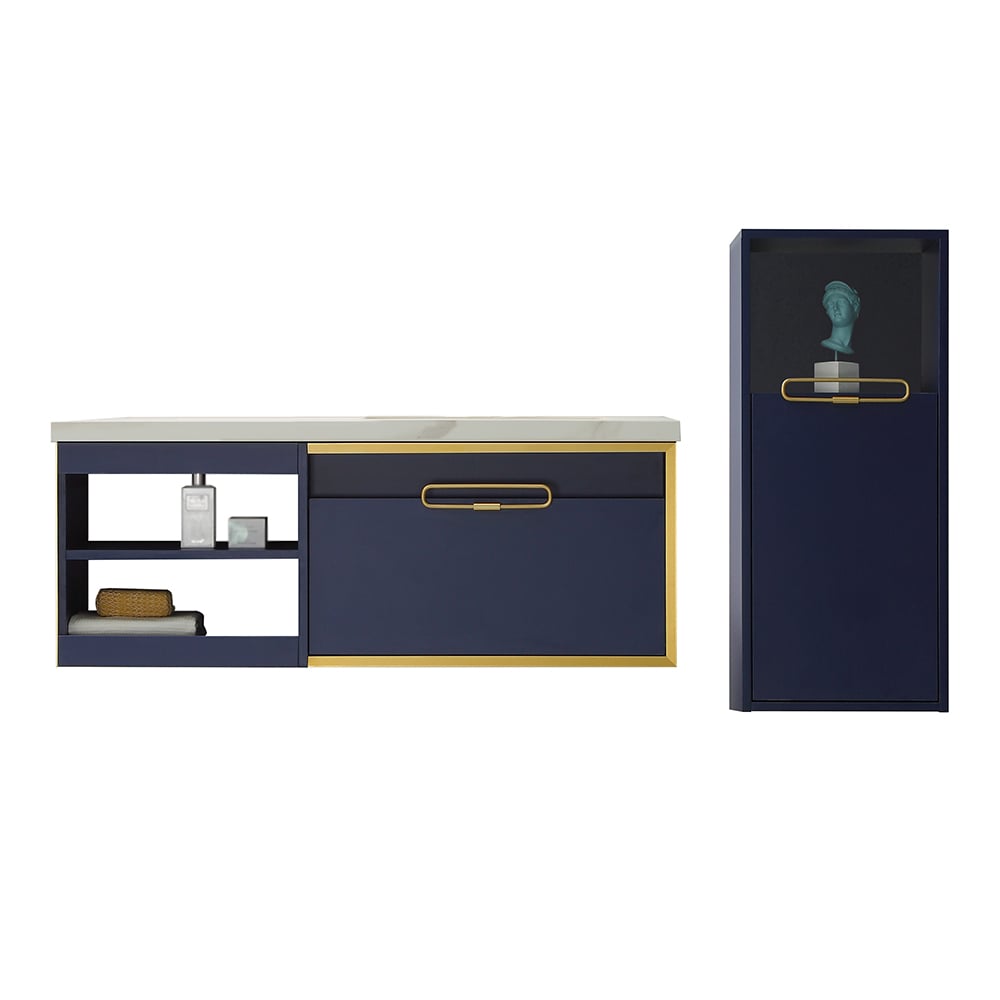 Meuble-lavabo flottant moderne de 47 po avec meuble de salle de bain à lavabo encastré en bleu marine image de fenêtre