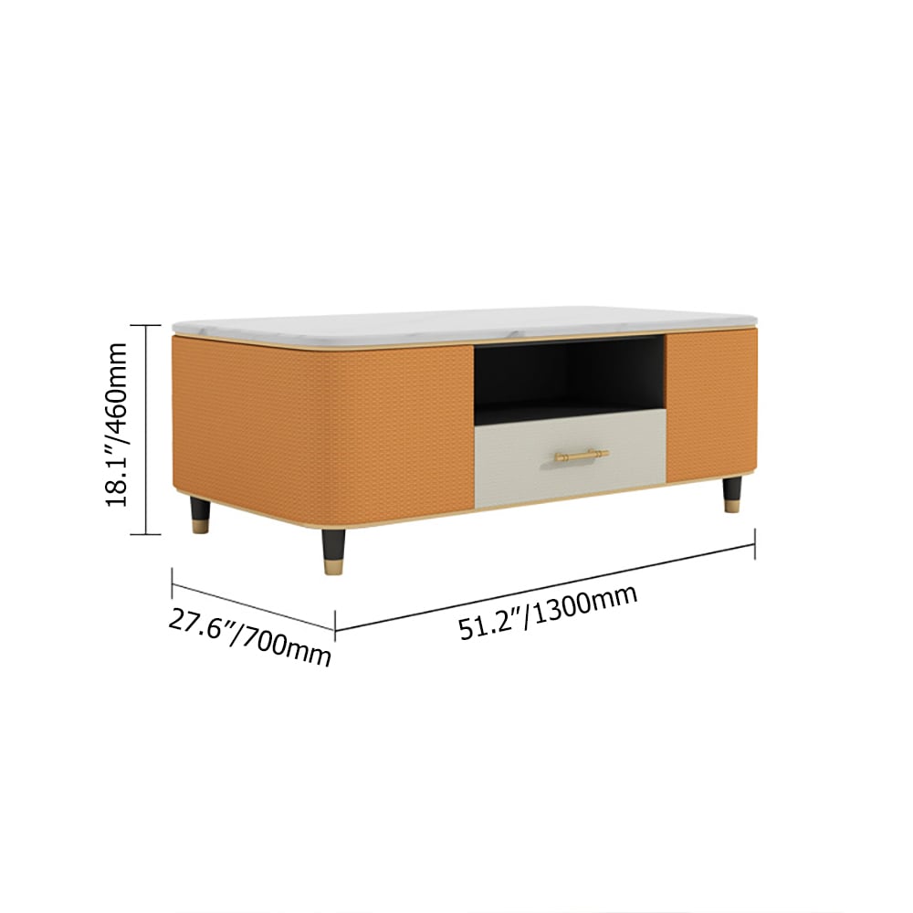 Table basse moderne en marbre blanc 1300 mm avec tiroirs de rangement Revêtement en cuir orange image de fenêtre
