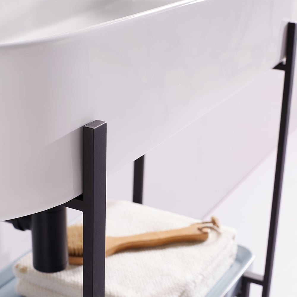 Classic Freestanding White Bathroom Vanity with Ceramic Sink and Shelf window image