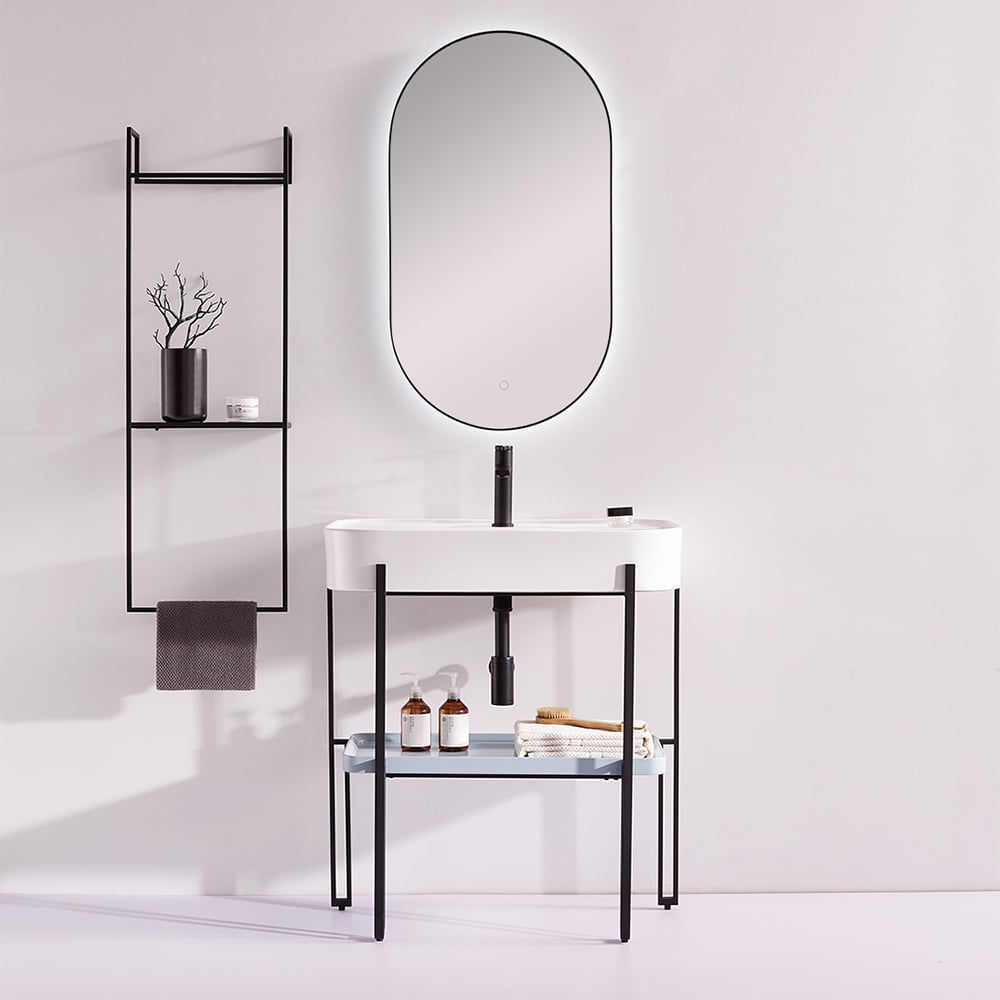 Classic Freestanding White Bathroom Vanity with Ceramic Sink and Shelf window image