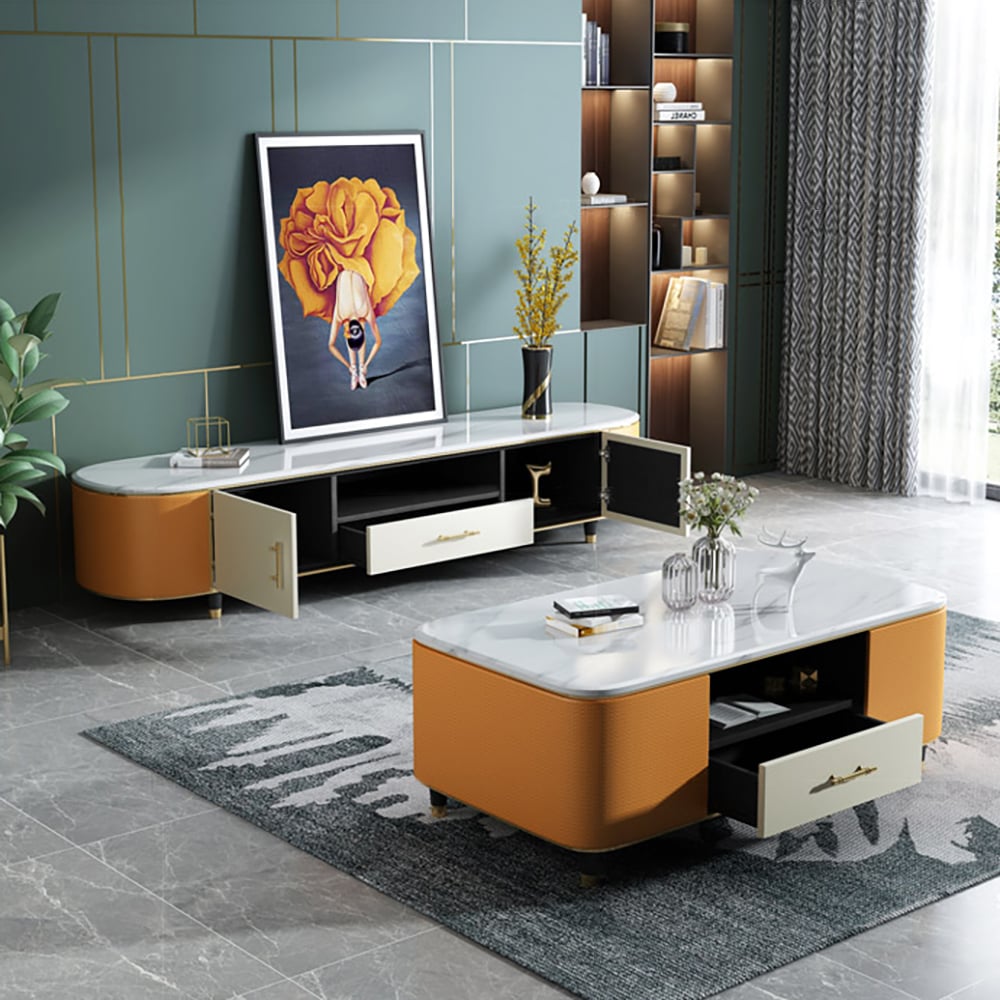 Moderní bílý mramorový konferenční stolek a televizní stojan Sada 2 paměťových konzolí obrázek okna