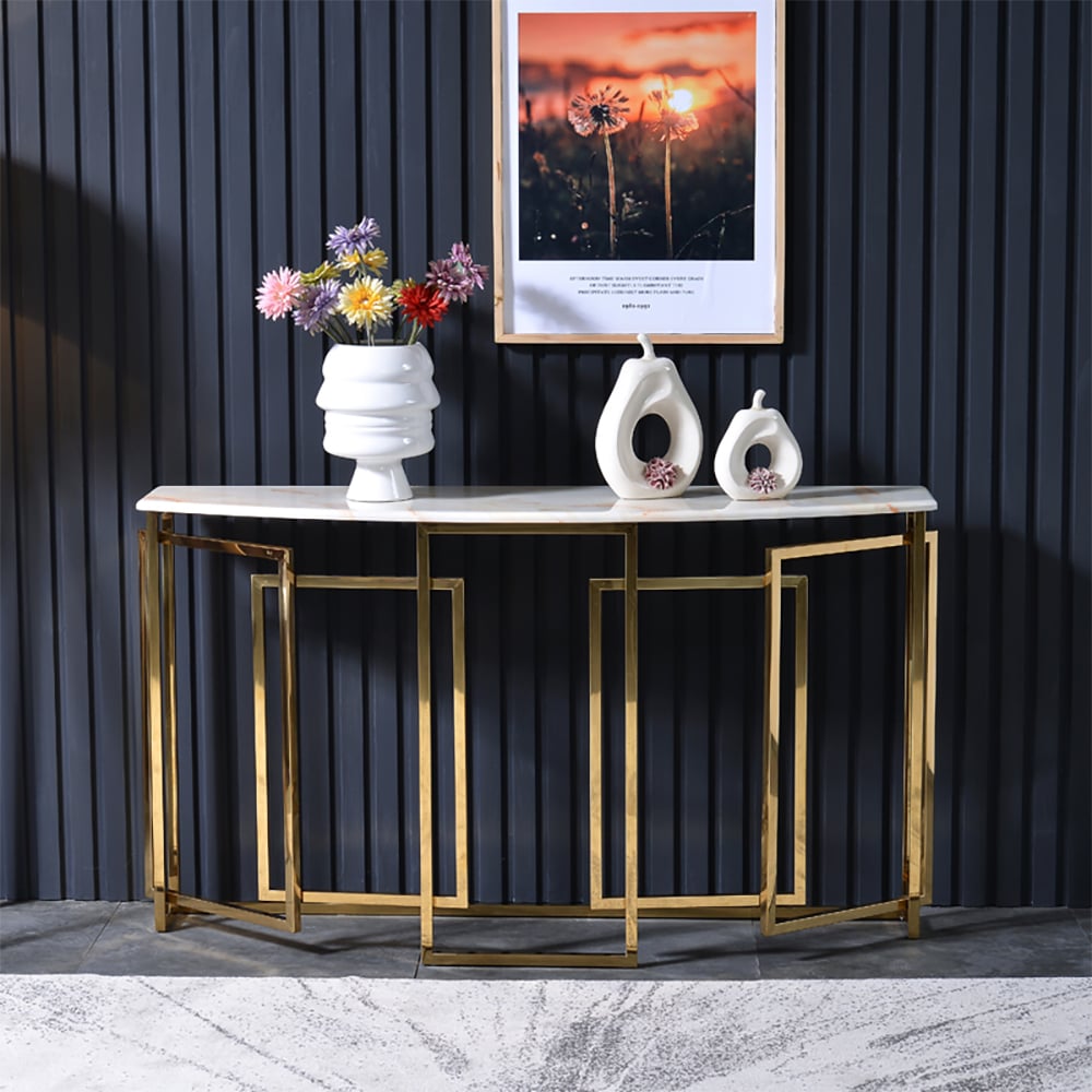 55.1" Modern White Console Table Marble Top & Stainless Steel Base Entryway Table window image