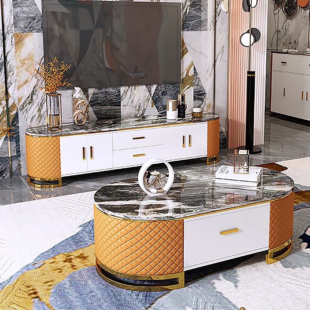 Ensemble de 2 tables basses et support TV avec plateau en marbre et base en acier inoxydable pour salon image de fenêtre