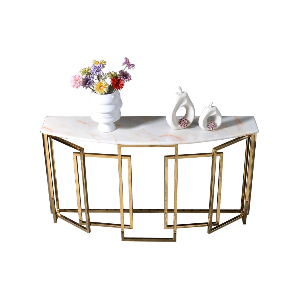 55.1" Modern White Console Table Marble Top & Stainless Steel Base Entryway Table window image