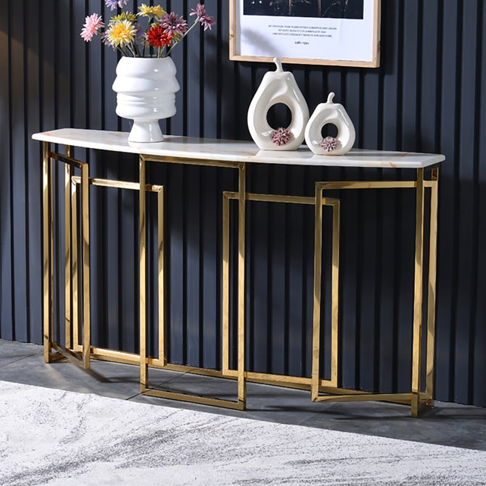 55.1" Modern White Console Table Marble Top & Stainless Steel Base Entryway Table window image