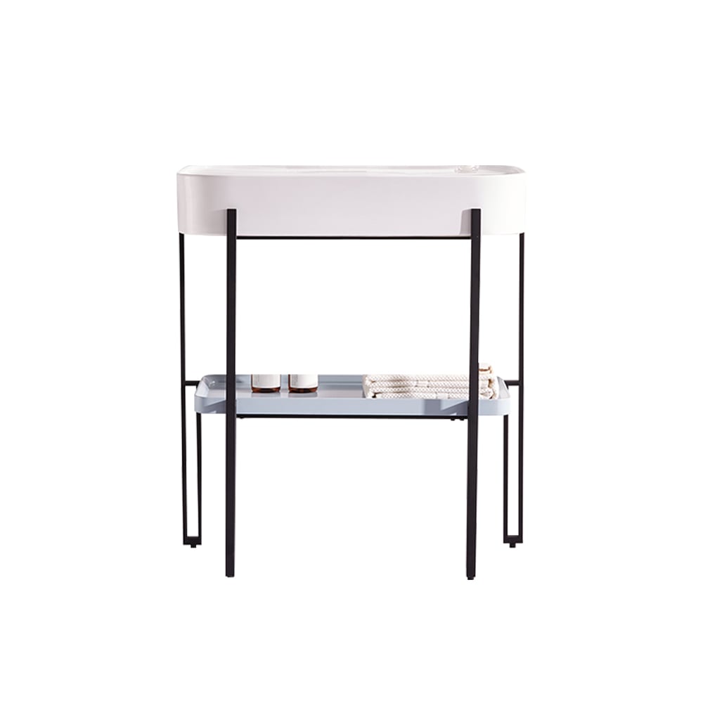 Classic Freestanding White Bathroom Vanity with Ceramic Sink and Shelf window image