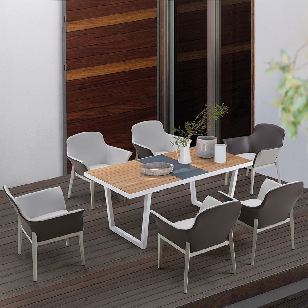 7 Pieces Gray Patio Dining Set with Teak Wood Dining Table & 6 Armchairs window image