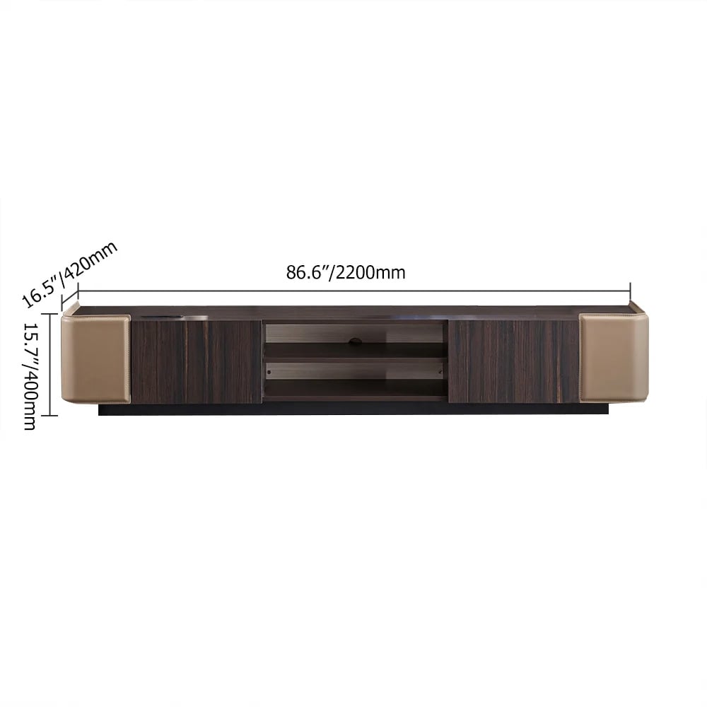 86.6" Modern Brown TV Stand Rectangular Faux Leather Upholstery Media Cabinet window image