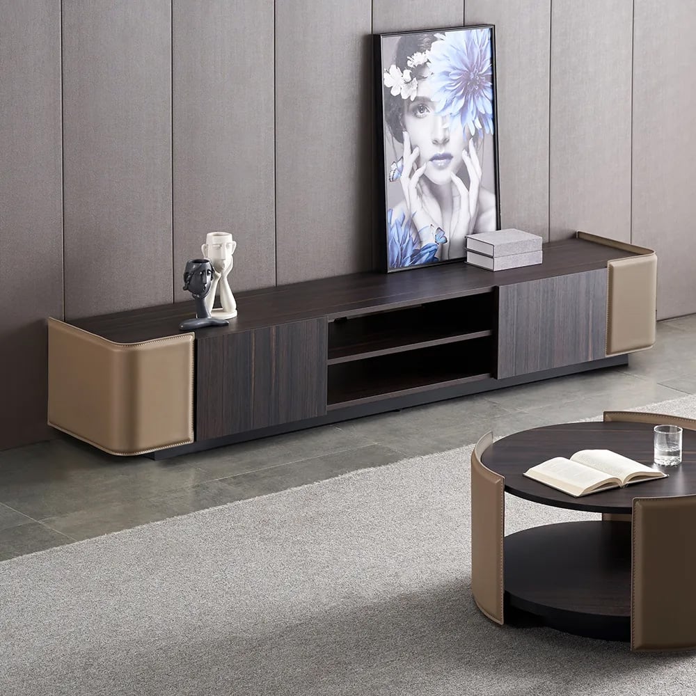 86.6" Modern Brown TV Stand Rectangular Faux Leather Upholstery Media Cabinet window image