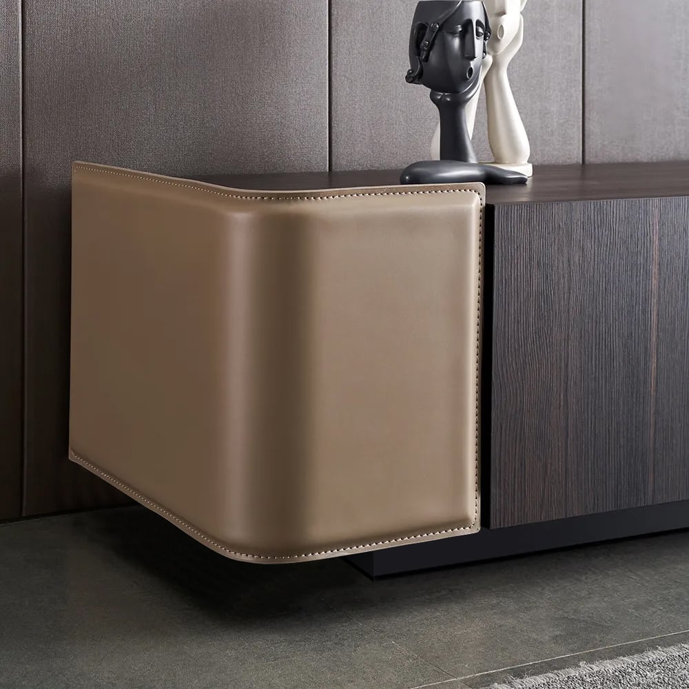 86.6" Modern Brown TV Stand Rectangular Faux Leather Upholstery Media Cabinet window image
