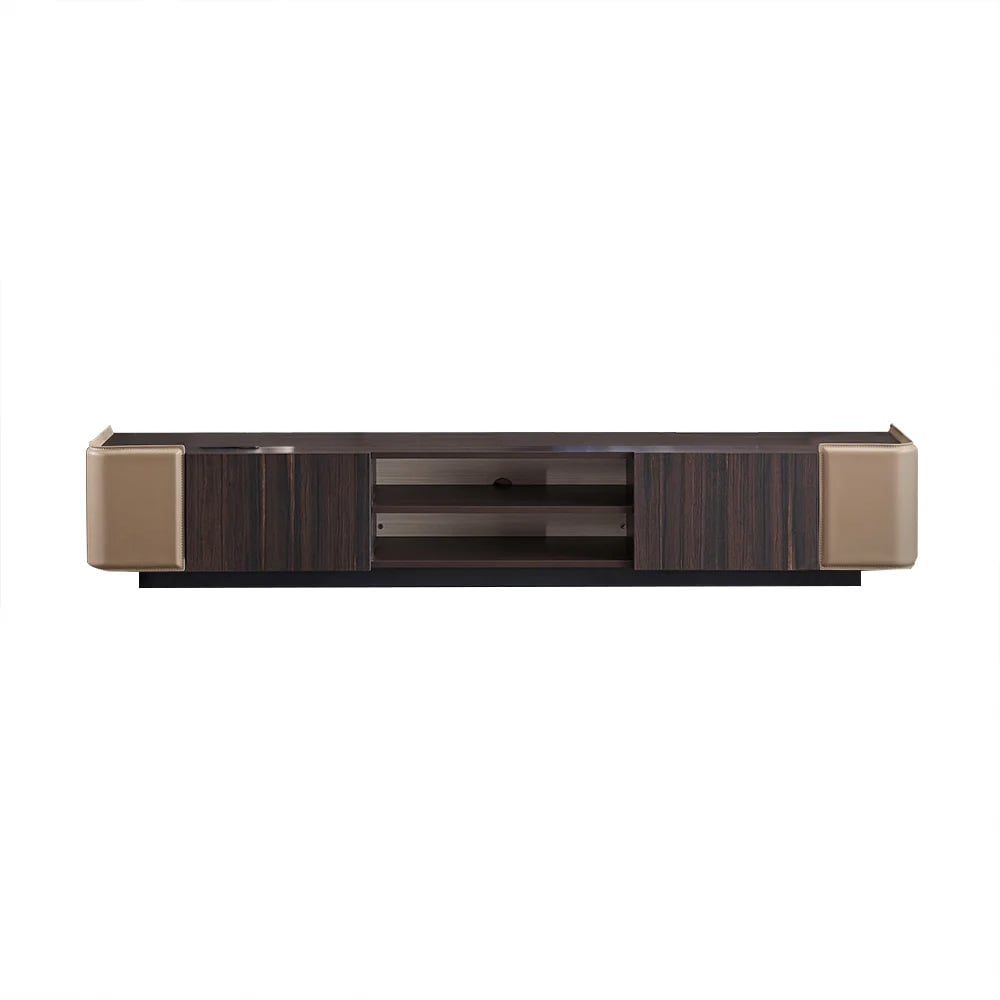 86.6" Modern Brown TV Stand Rectangular Faux Leather Upholstery Media Cabinet window image