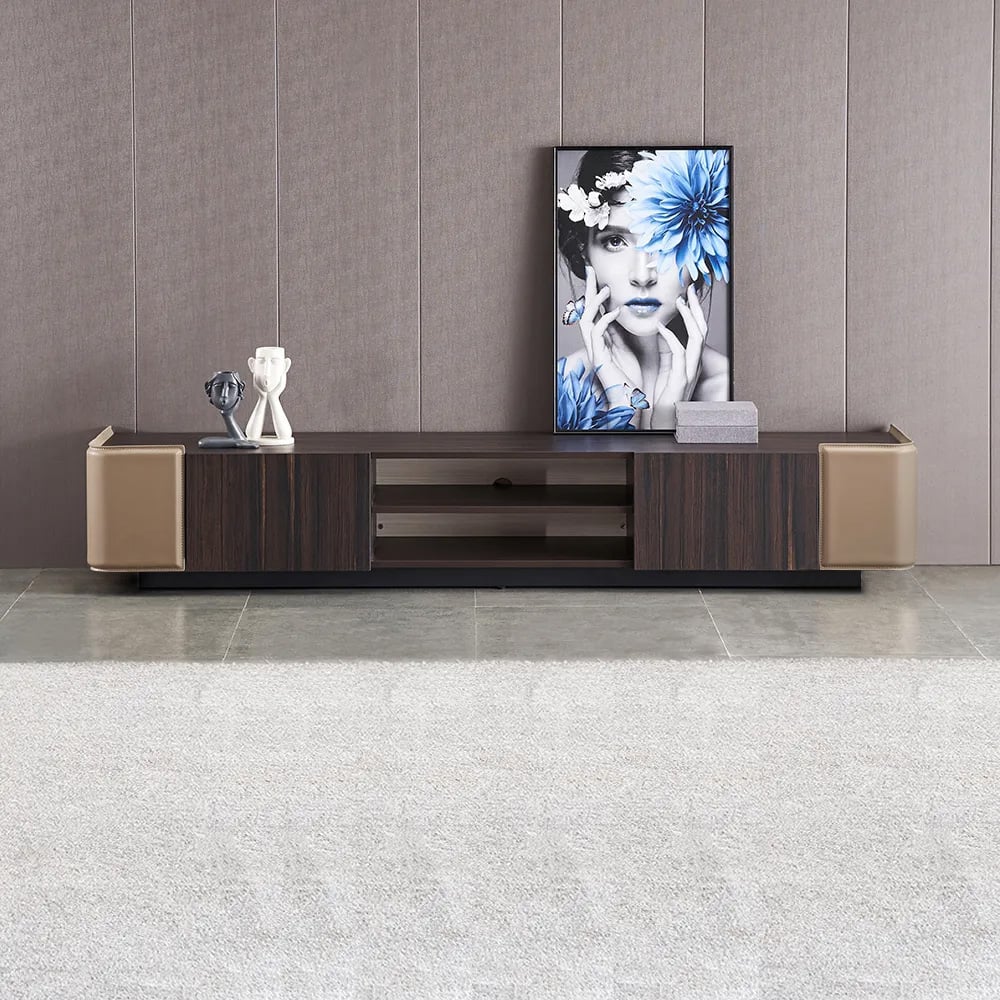86.6" Modern Brown TV Stand Rectangular Faux Leather Upholstery Media Cabinet window image