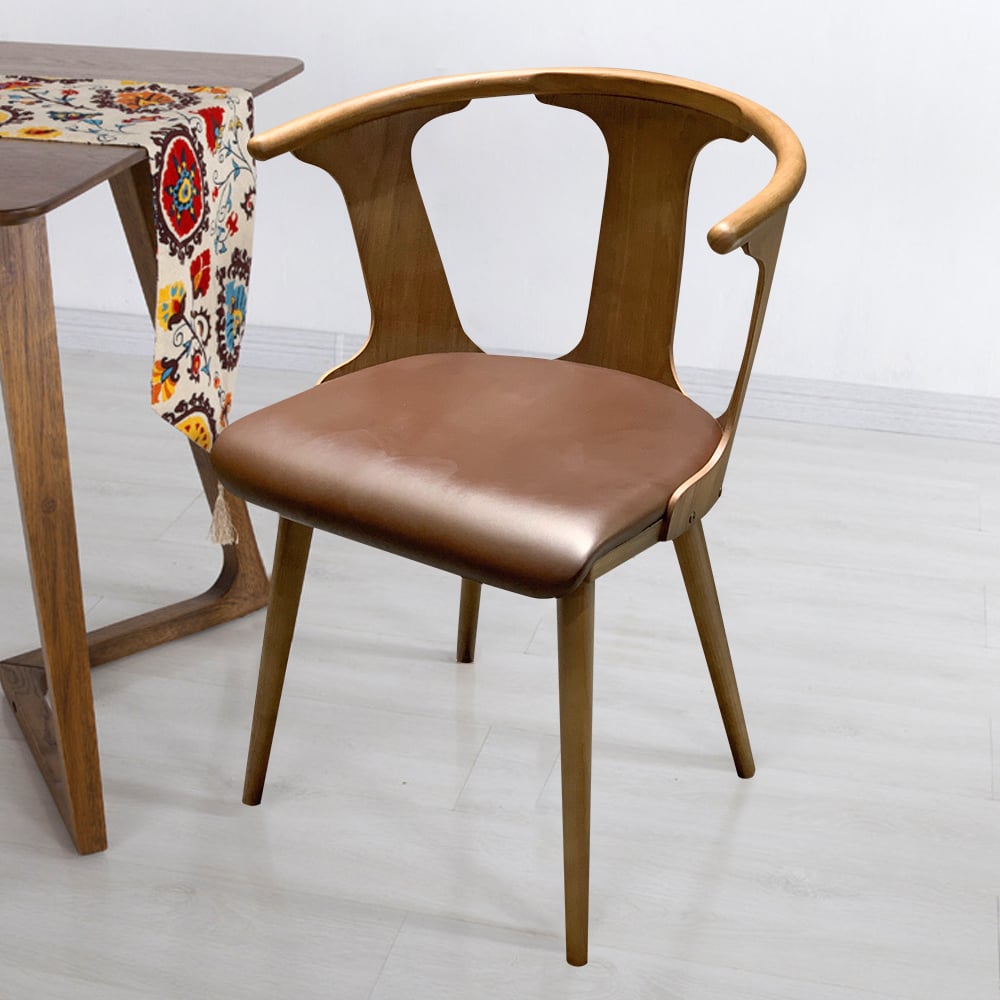 Chaise de salle à manger moderne en similicuir noyer avec dossier incurvé image de fenêtre