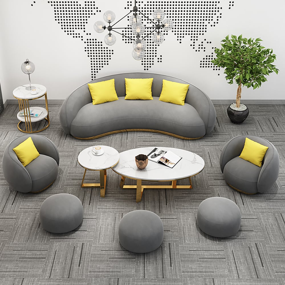 6-delige moderne grijze fluwelen woonkamerbankset inclusief Ottomanen Vensterafbeelding