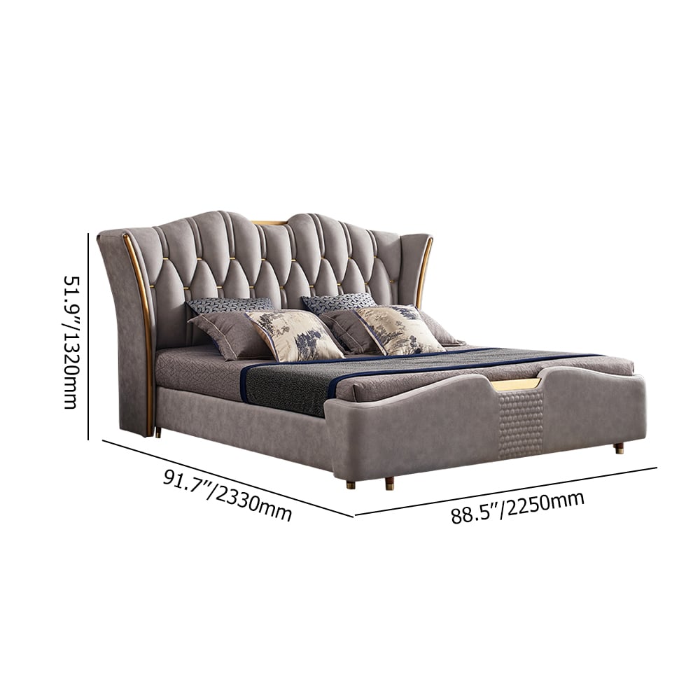Modern Light Gray Leath-Aire Upholstered Low Profile Platform Bed with Headboard weights dimensions image
