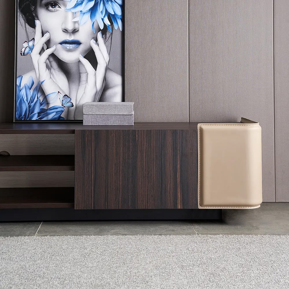 86.6" Modern Brown TV Stand Rectangular Faux Leather Upholstery Media Cabinet window image
