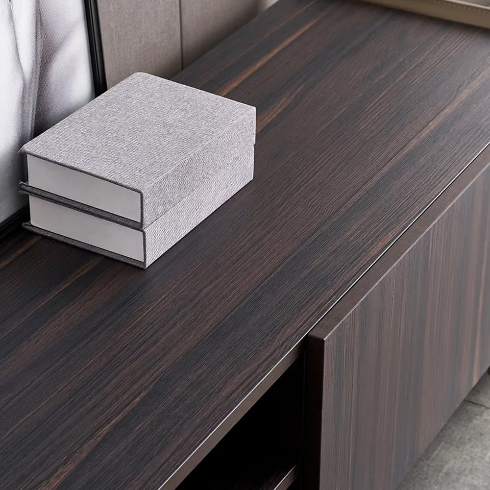 86.6" Modern Brown TV Stand Rectangular Faux Leather Upholstery Media Cabinet window image