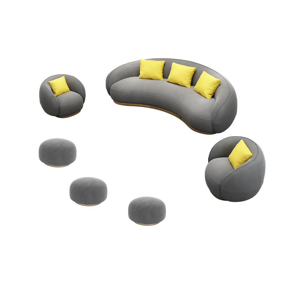6-delige moderne grijze fluwelen woonkamerbankset inclusief Ottomanen Vensterafbeelding