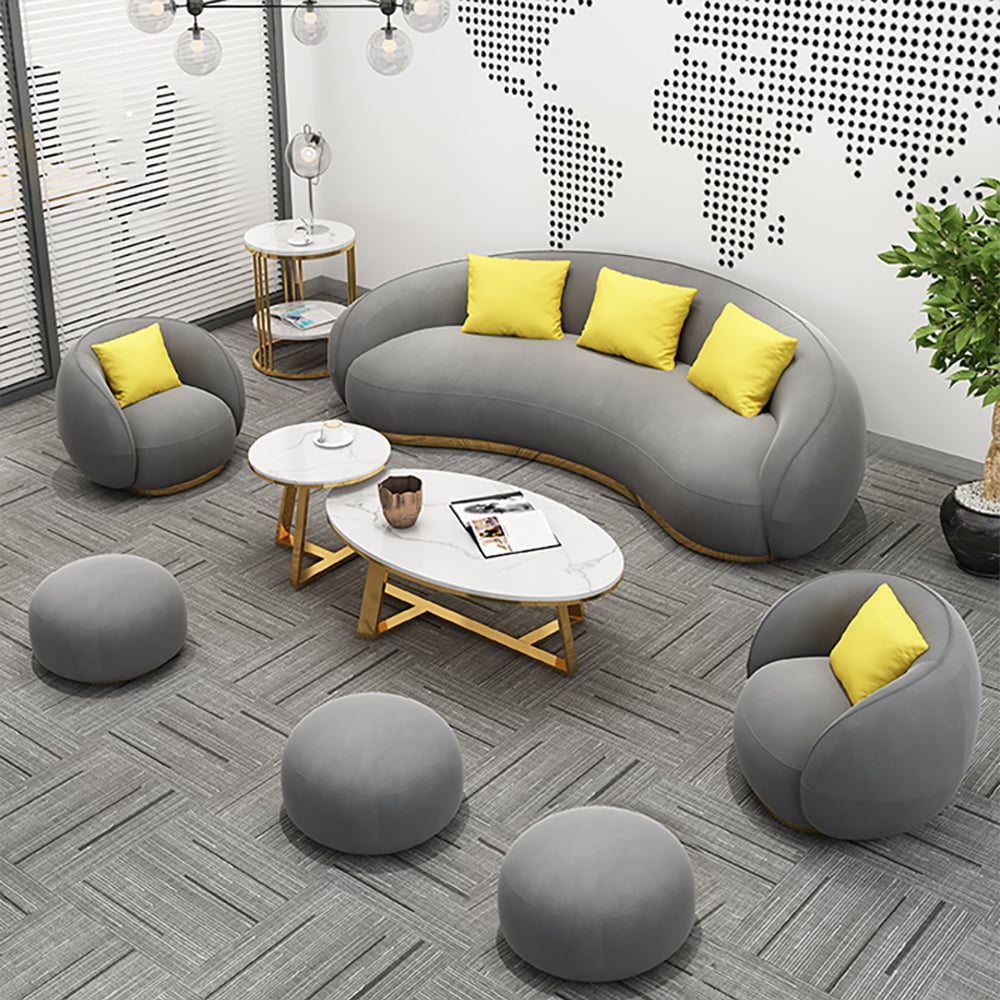 6-delige moderne grijze fluwelen woonkamerbankset inclusief Ottomanen Vensterafbeelding