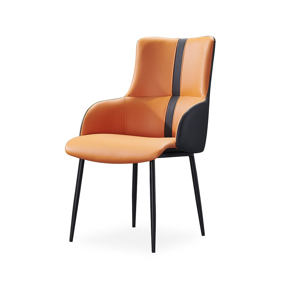 Modern Upholstered Faux Leather Orange Armed Dining Chair with Metal Legs Set of 2 window image