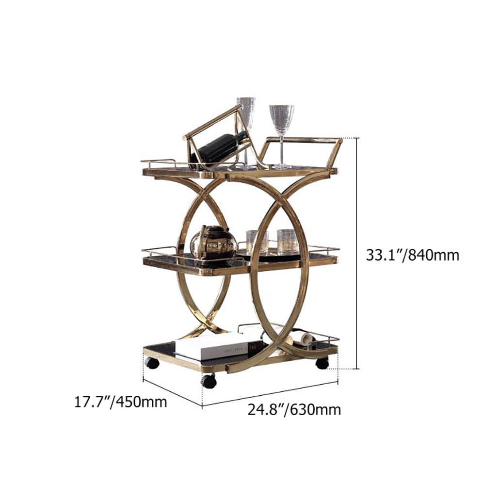 Moderno carrito de barra con ruedas de 3 niveles con asa en color negro y dorado estilo B pesos dimensiones imagen