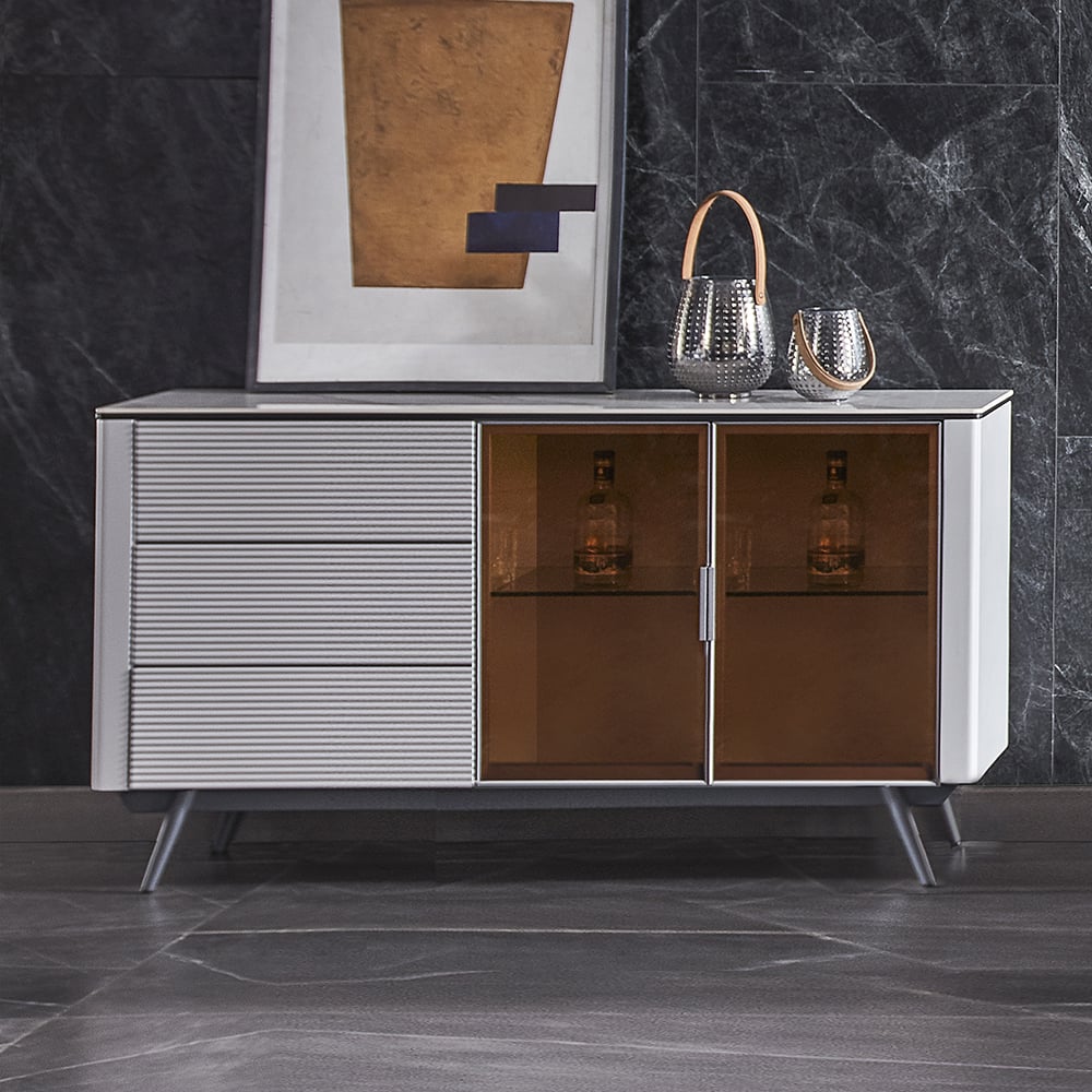 Post-modern White Rectangular Buffet Sideboard with Drawers & Glass Doors window image