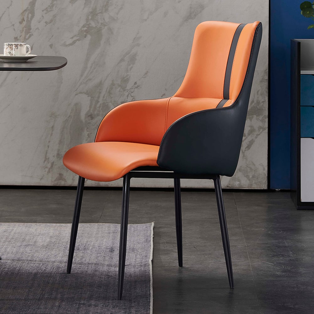 Modern Upholstered Faux Leather Orange Armed Dining Chair with Metal Legs Set of 2 window image