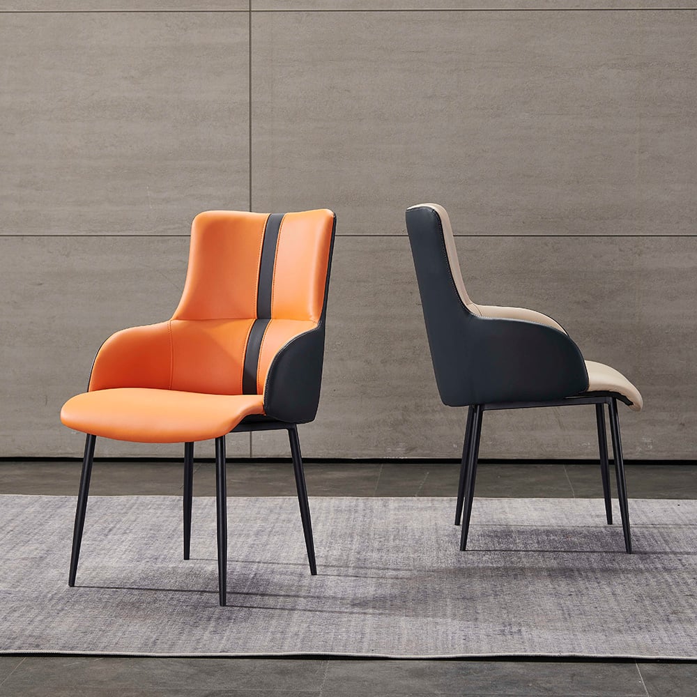 Modern Upholstered Faux Leather Orange Armed Dining Chair with Metal Legs Set of 2 window image