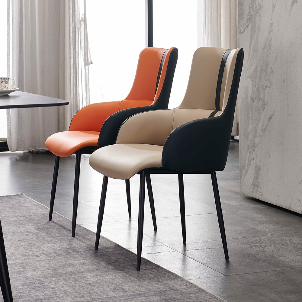 Modern Upholstered Faux Leather Orange Armed Dining Chair with Metal Legs Set of 2 window image