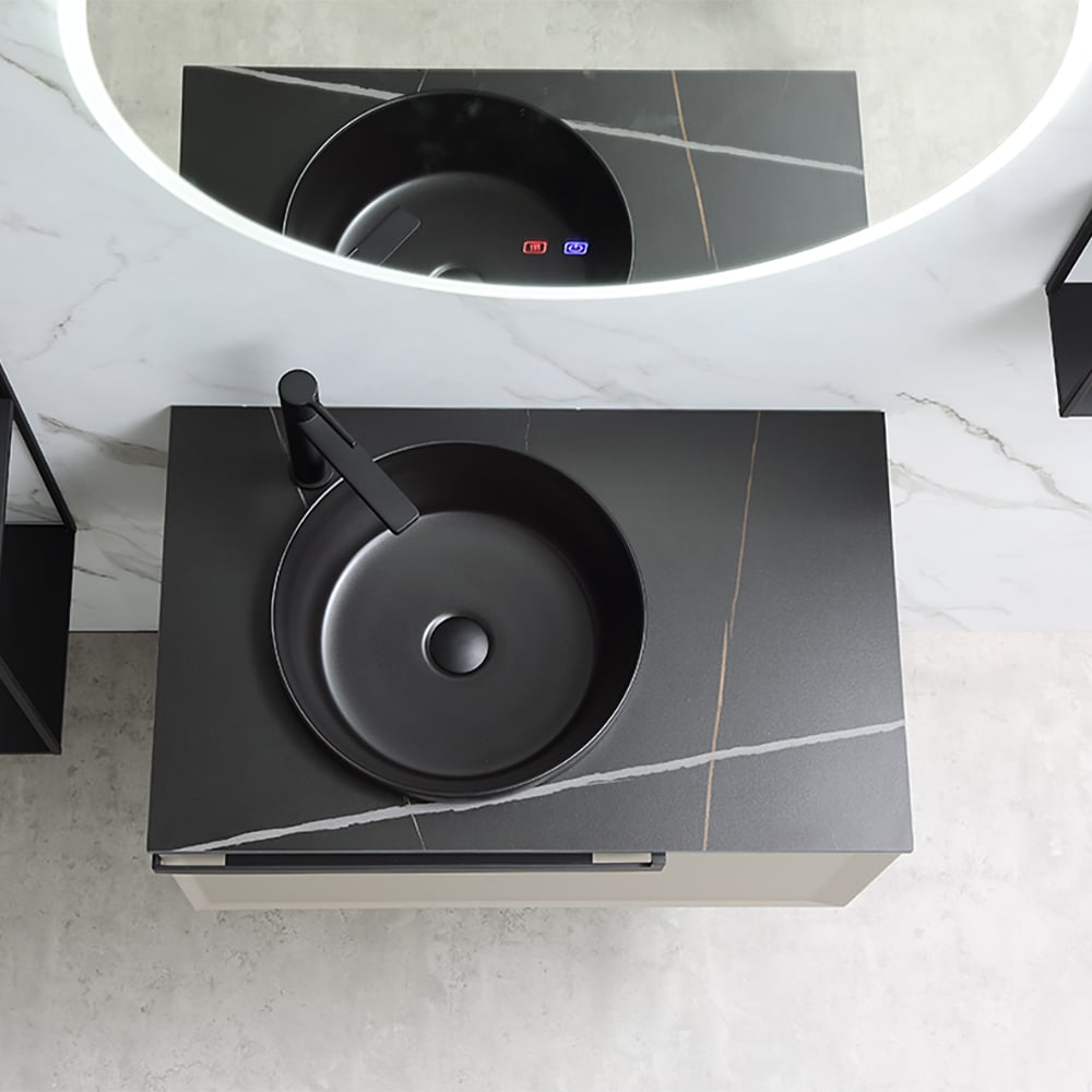 800mm Meuble-lavabo Vanité de Salle de Bain Murale Minimalism Beige avec Lavabo en Céramique image de fenêtre