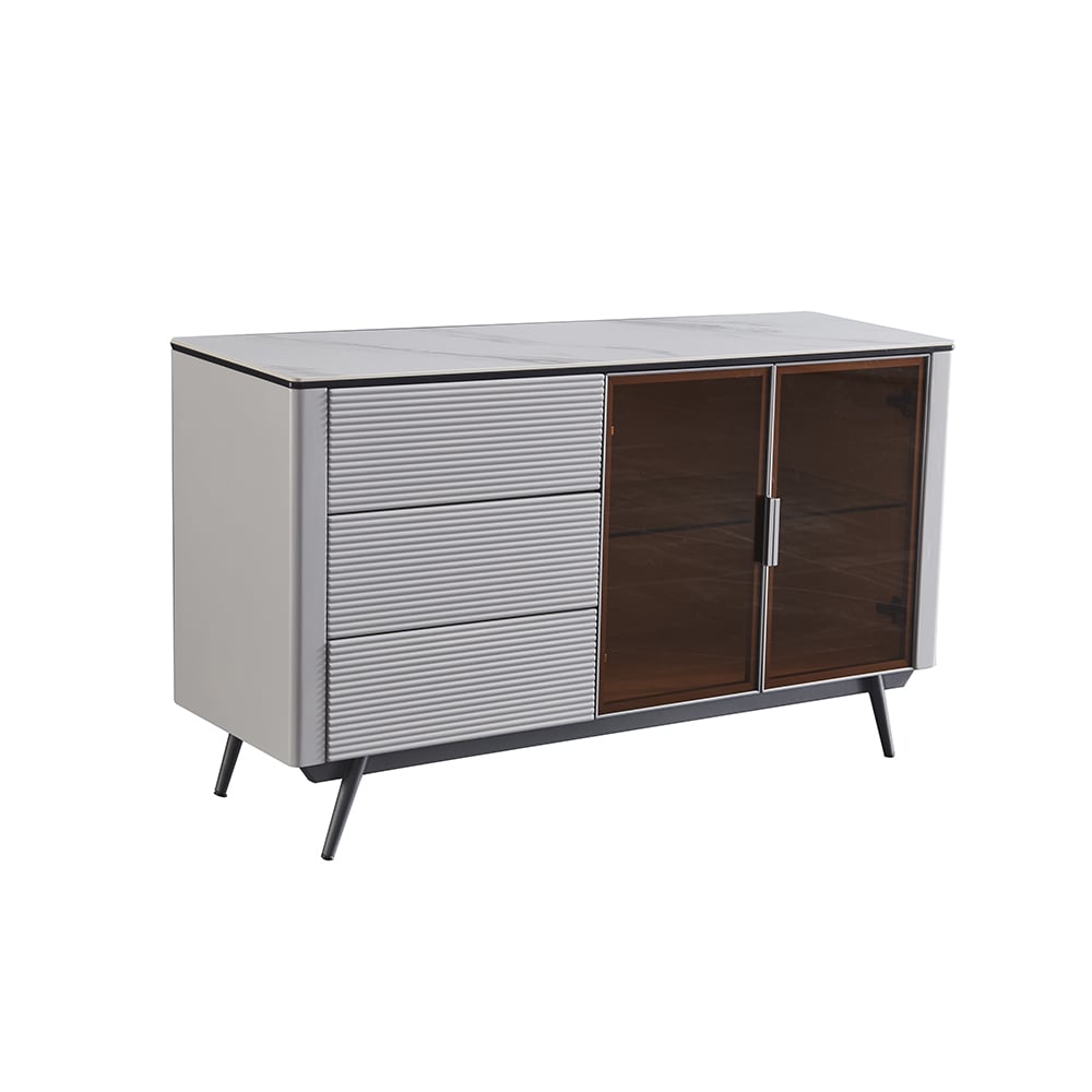 Post-modern White Rectangular Buffet Sideboard with Drawers & Glass Doors window image
