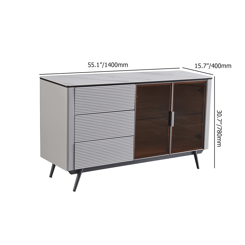 Post-modern White Rectangular Buffet Sideboard with Drawers & Glass Doors window image