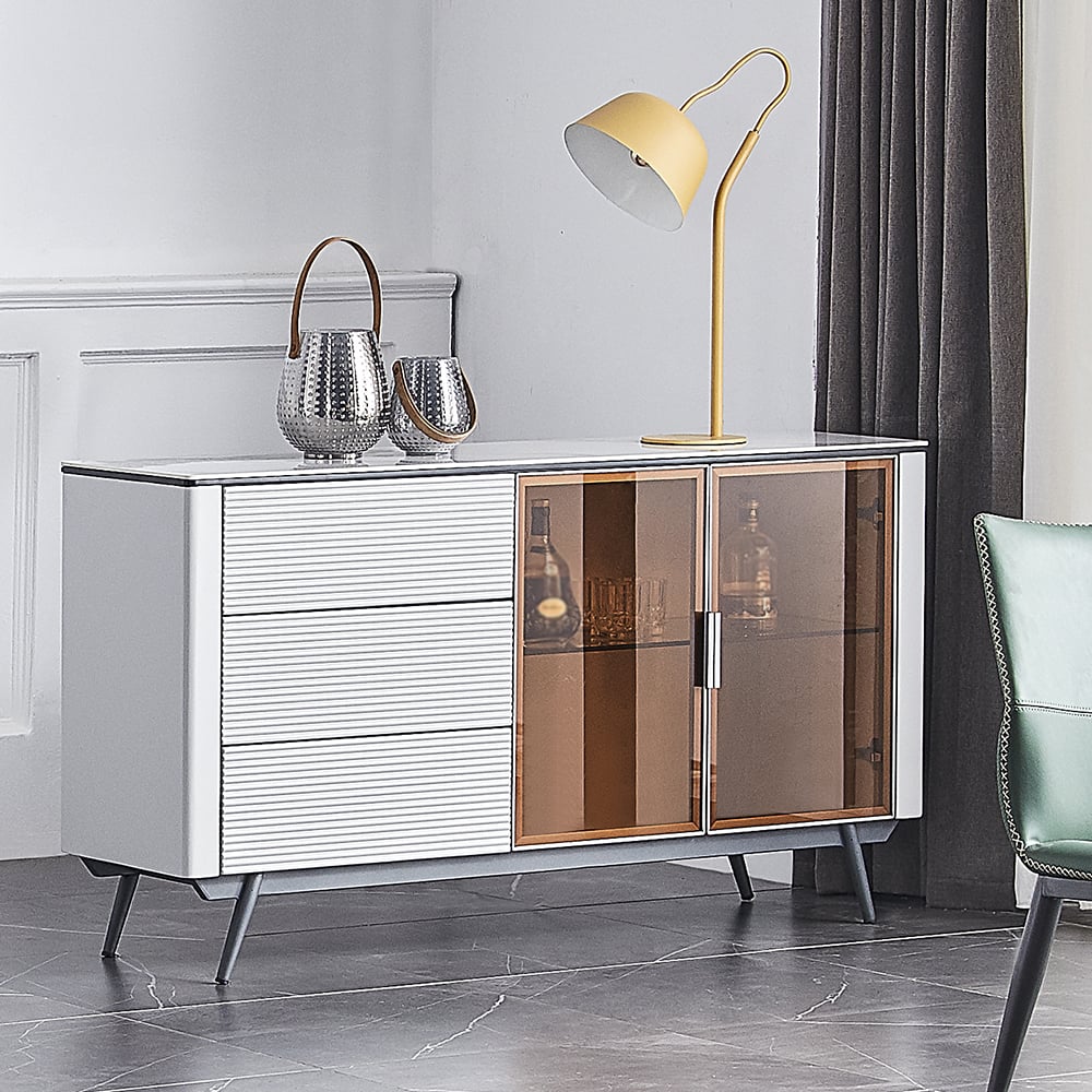 Post-modern White Rectangular Buffet Sideboard with Drawers & Glass Doors window image
