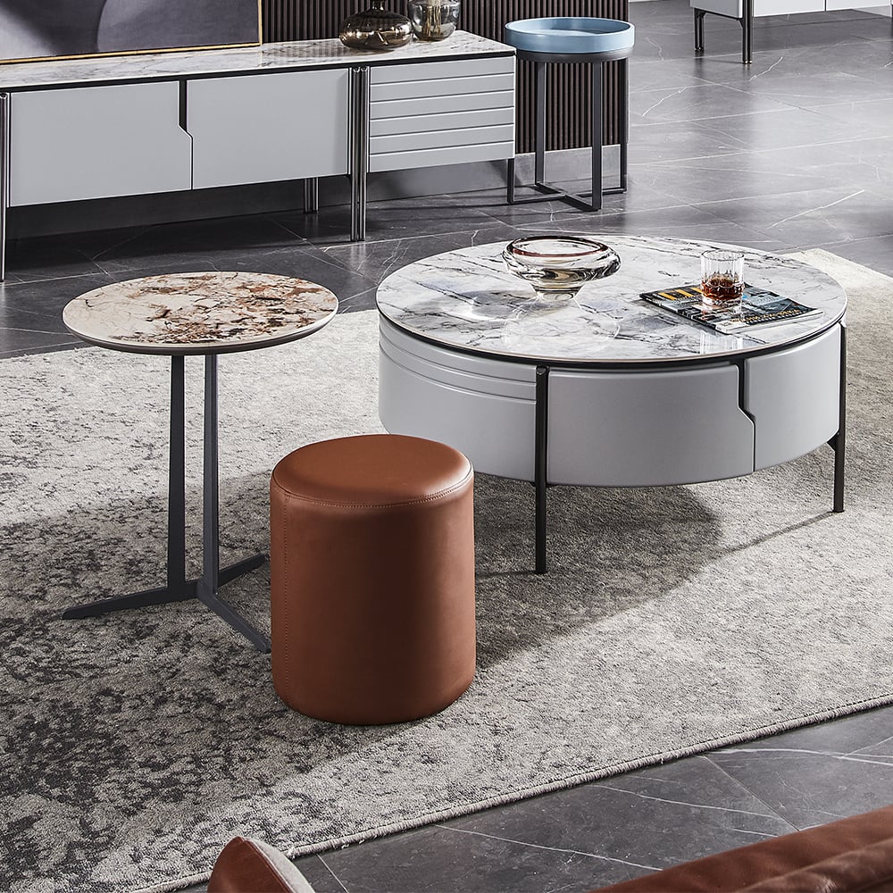 3 Pieces Victory Sintered Stone Top Coffee Table Set with Faux Leather Stool window image