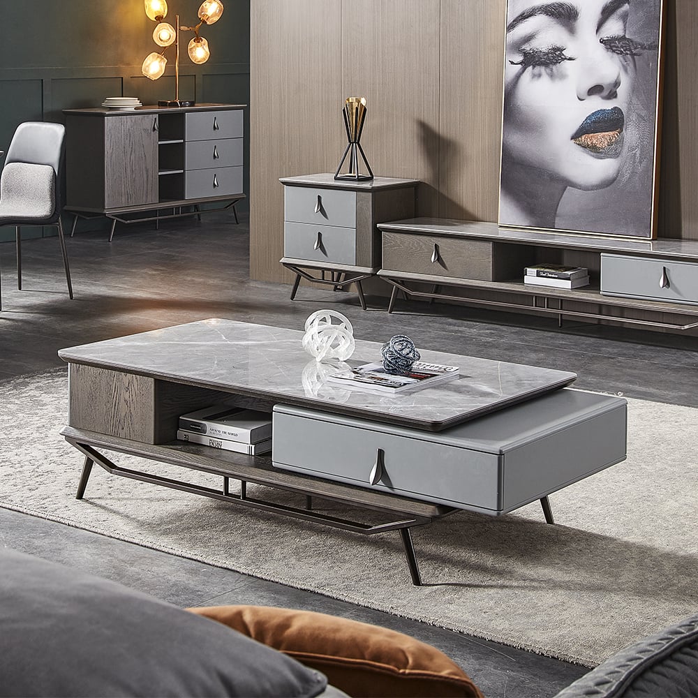 Mesa de café com tampo de pedra sinterizada polida cinza da Grécia com gaveta giratória Imagem da janela