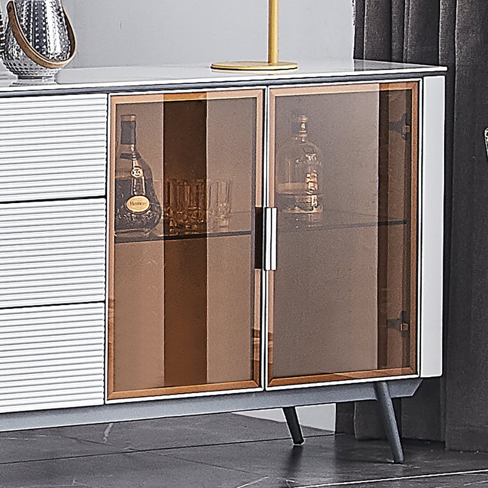 Post-modern White Rectangular Buffet Sideboard with Drawers & Glass Doors window image