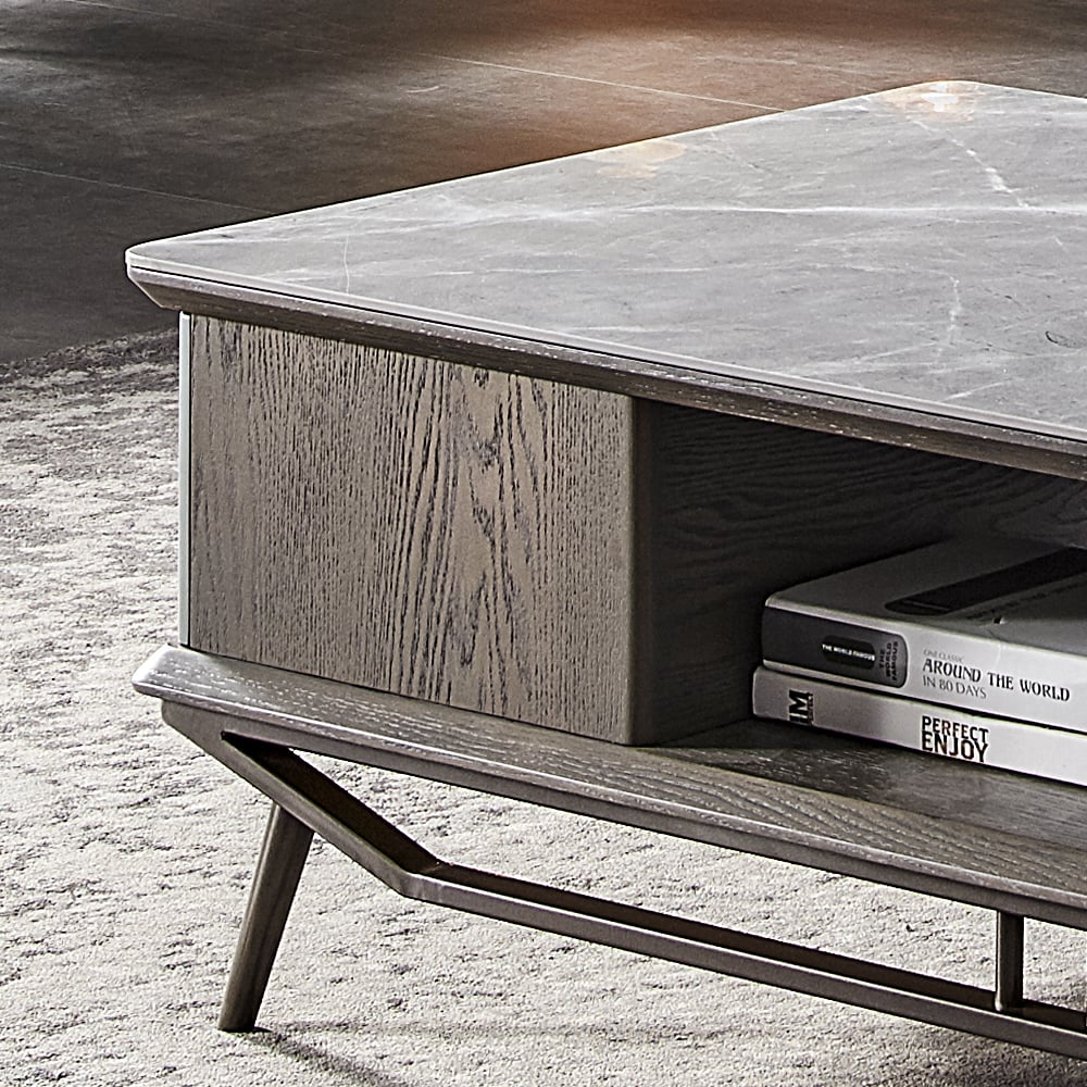 Mesa de café com tampo de pedra sinterizada polida cinza da Grécia com gaveta giratória Imagem da janela